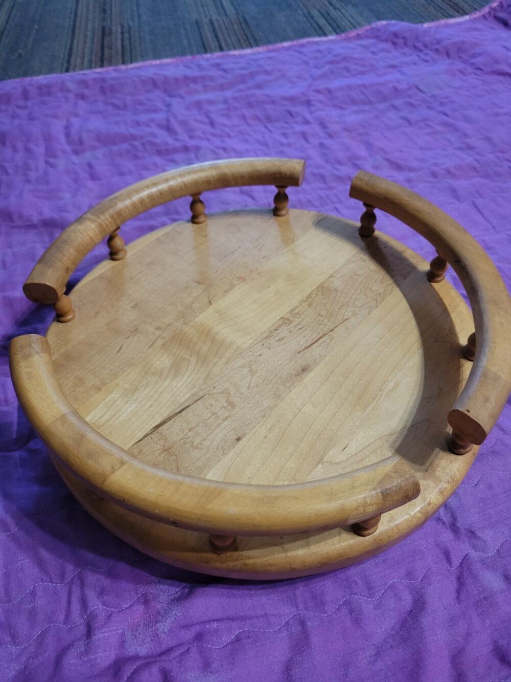 Vintage Oak Wood Lazy Susan Table Turntable w/ Spindle Rails 12” Heavy